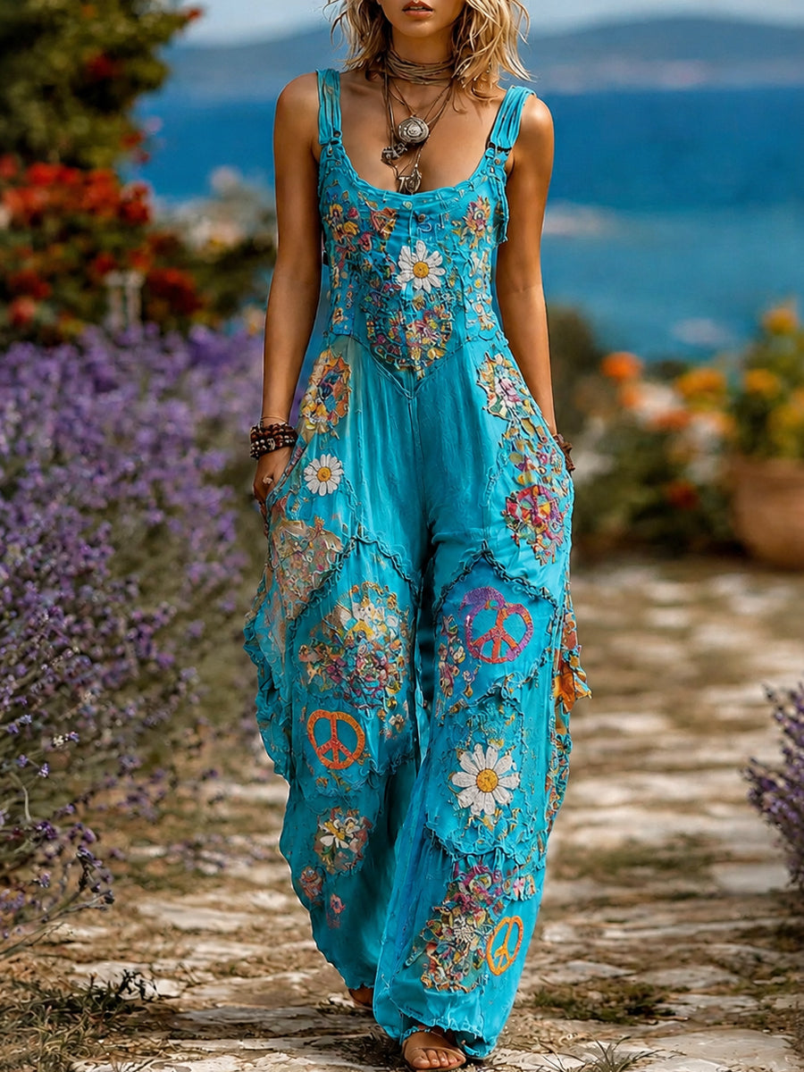Women's Retro Style Art Print Washed Cotton Denim Patchwork Jumpsuit